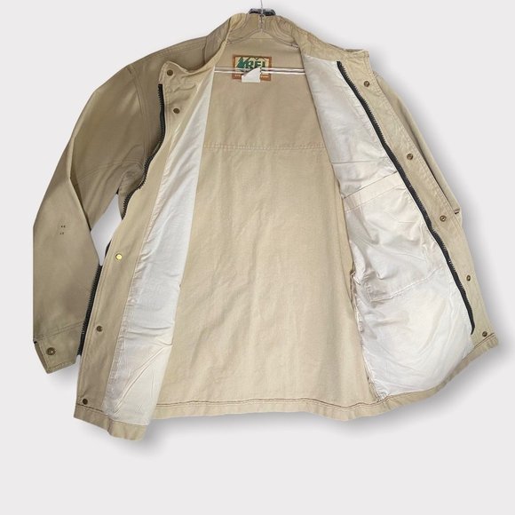 Vtg REI Co op beige utility cargo jacket/coat mens XL (packed hood) heavy canvas - Picture 4 of 16